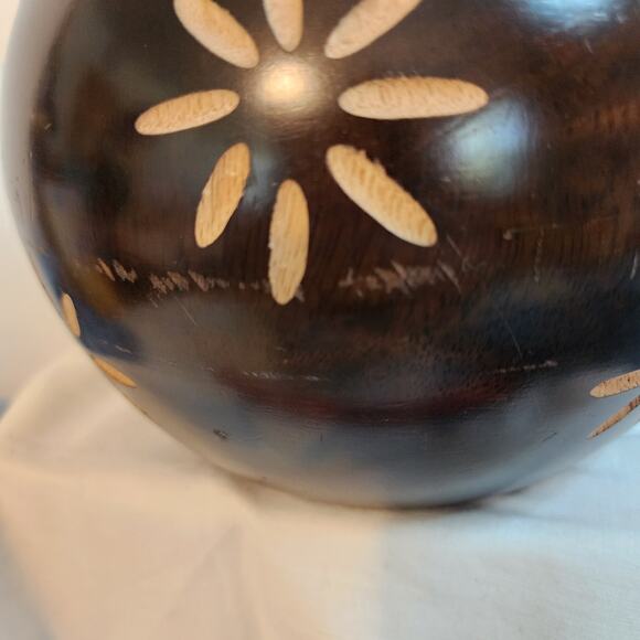 Vintage Polish Carved Wood Vase Floral Inlay Dark Brown Folk Art 8" Tall Heavy - Picture 9 of 10